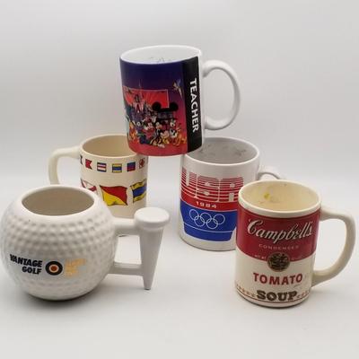 Set of 5 Vintage Ceramic Mugs: Walt Disney World Teacher Campbell's Tomato Soup USA 1984 Olympics World International Flags Vantage...