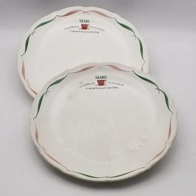 Set of 2 Vintage Sears Coffee House Restaurants Plates White with Green And Tan / Brown Logo and Decoration 9" Round Plate Syralite...