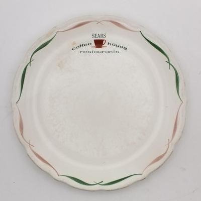 Set of 2 Vintage Sears Coffee House Restaurants Plates White with Green And Tan / Brown Logo and Decoration 9" Round Plate Syralite...
