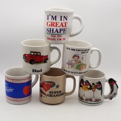 Set of 6 Vintage Ceramic Novelty / Theme Mugs: #1 Teacher Nurse Cartoon Quote Dad Red Truck 1980s 80's Super Grandma Rainbow Stars...