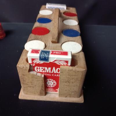 POKER CHIPS IN WOODEN HOLDER AND 2 NEW DECKS OF CARDS