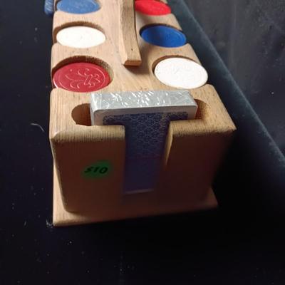 POKER CHIPS IN WOODEN HOLDER AND 2 NEW DECKS OF CARDS