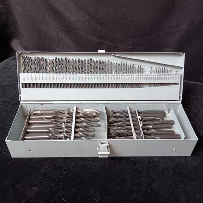 METAL HINGED BOX FULL OF FOLD UP DRILL BITS