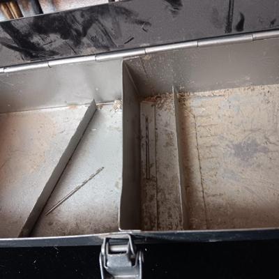 METAL HINGED BOX FULL OF FOLD UP DRILL BITS