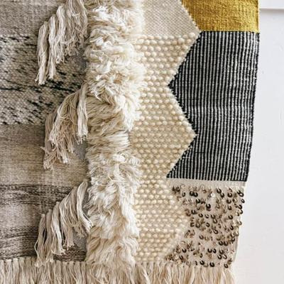 Ivory, Gray & Mustard Yellow Geometric Woven Yarn & Sequin Wall Hanging Home Decor