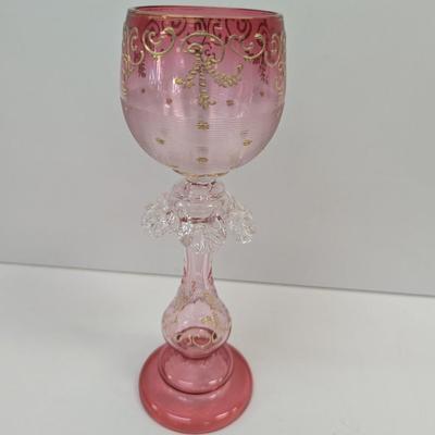 Bohemian Art Glass Cranberry Wine Stem Signed