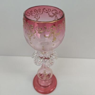 Bohemian Art Glass Cranberry Wine Stem Signed
