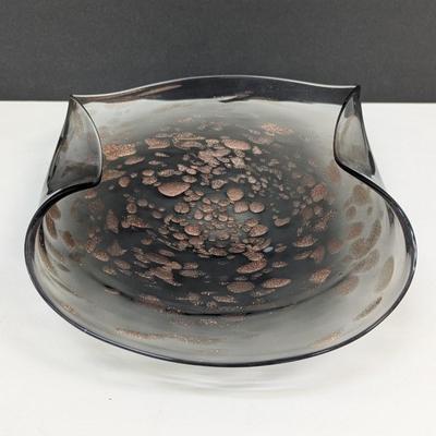 Murano Hand Blown Art Glass Bowl Gold Infused Clear Rolled Folded Rim