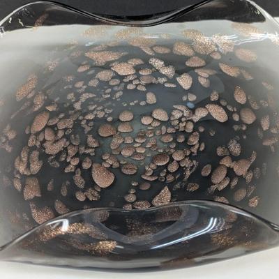 Murano Hand Blown Art Glass Bowl Gold Infused Clear Rolled Folded Rim
