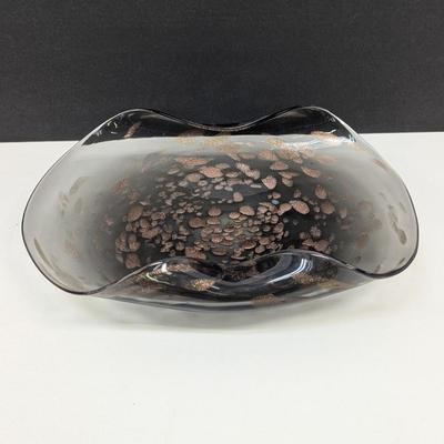 Murano Hand Blown Art Glass Bowl Gold Infused Clear Rolled Folded Rim