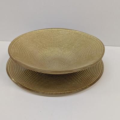 Gold Glass Serving Bowl & Plate Textured On The Bottom