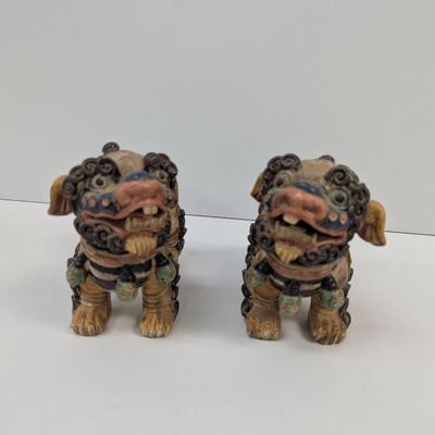 Pair Of Vintage Chinese Foo Dogs Pottery 5 1/2" Tall