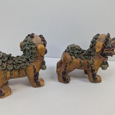 Pair Of Vintage Chinese Foo Dogs Pottery 5 1/2" Tall
