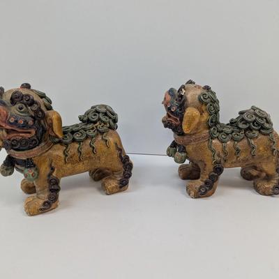 Pair Of Vintage Chinese Foo Dogs Pottery 5 1/2" Tall