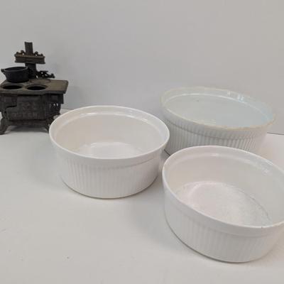 White Souffle Dishes and Salesman Sample Stove