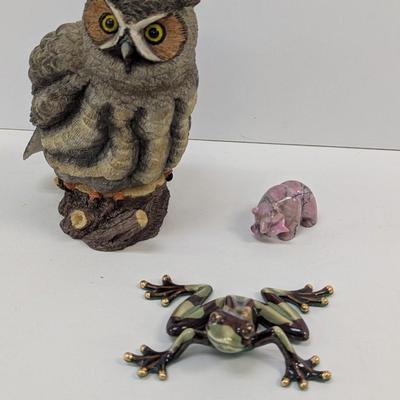 Hand Carved Rhodonite Bear Eating A Fish Resin Owl Whimsical Ceramic Tropical Frog
