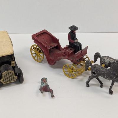 Friction Tin Plate Vintage Car & Cast/Tin Made In USA Horse & Buggy