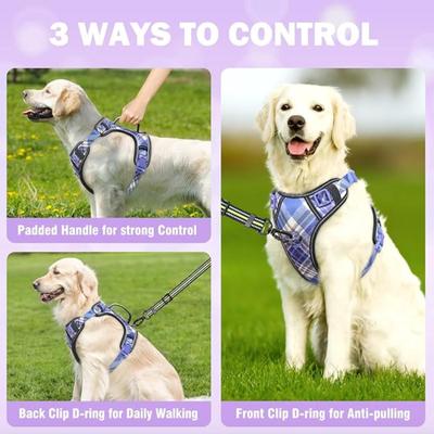 Size M Blue Plaid Print No Pull Reflective Dog Harness for Medium Dogs w/Metal D-Rings, 3 Buckles & Adjustable Straps with Soft &...