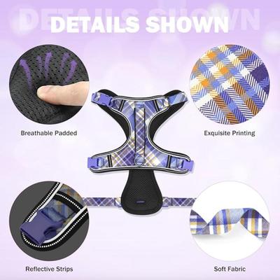 Size M Blue Plaid Print No Pull Reflective Dog Harness for Medium Dogs w/Metal D-Rings, 3 Buckles & Adjustable Straps with Soft &...