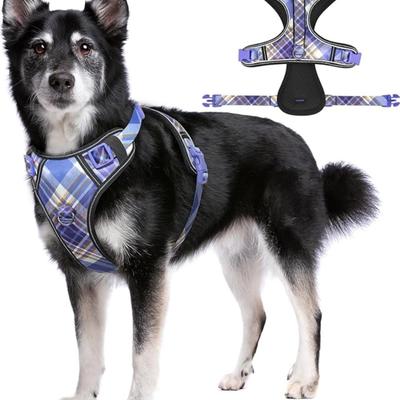 Size M Blue Plaid Print No Pull Reflective Dog Harness for Medium Dogs w/Metal D-Rings, 3 Buckles & Adjustable Straps with Soft &...