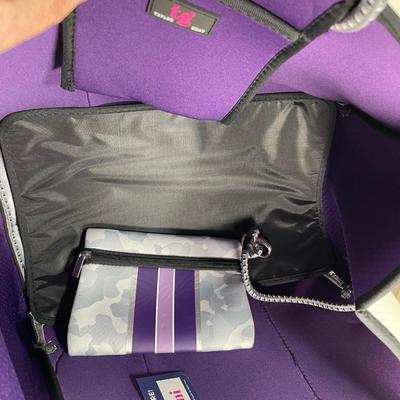 Large Taylor Gray Camo and Purple stripe tote bag. New!
