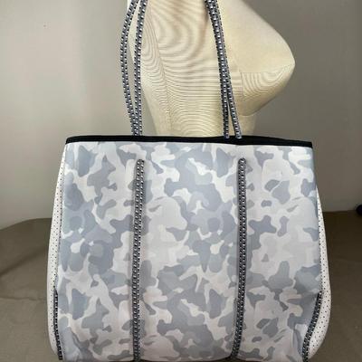 Large Taylor Gray Camo and Purple stripe tote bag. New!