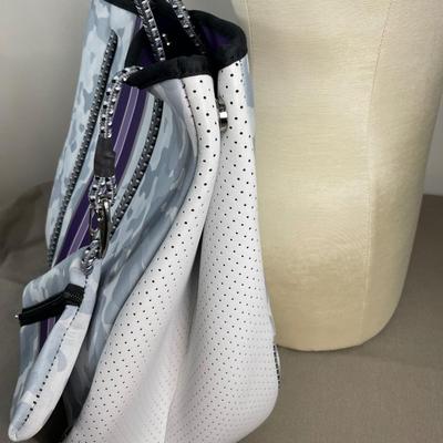 Large Taylor Gray Camo and Purple stripe tote bag. New!
