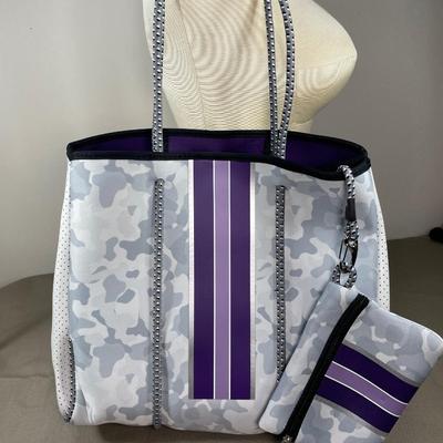Large Taylor Gray Camo and Purple stripe tote bag. New!