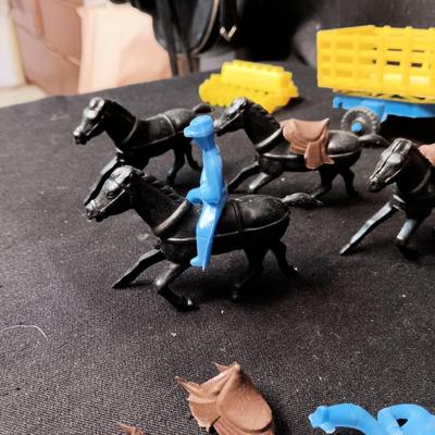 TOY TRACTOR W/IMPLEMENTS, FARM ANIMALS WITH FENCING AND HORSES WITH COWBOYS