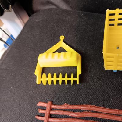 TOY TRACTOR W/IMPLEMENTS, FARM ANIMALS WITH FENCING AND HORSES WITH COWBOYS