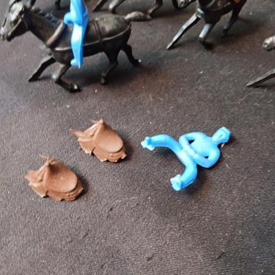 TOY TRACTOR W/IMPLEMENTS, FARM ANIMALS WITH FENCING AND HORSES WITH COWBOYS