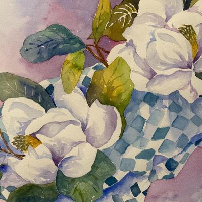 Magnolias on Blue Checkered Cloth- 21 1/2" x 18"