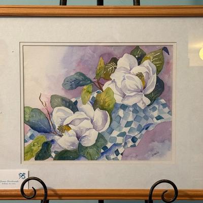 Magnolias on Blue Checkered Cloth- 21 1/2" x 18"