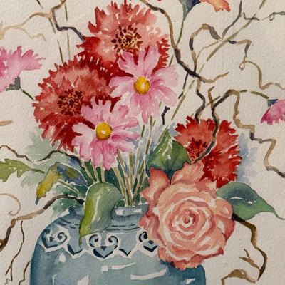 Pink Flowers in Blue Vase- 13 1/2" x 16 1/2"