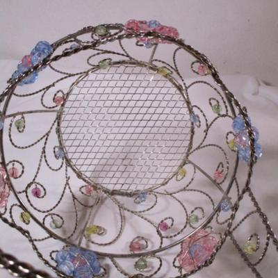 Beaded wire basket, silver tone