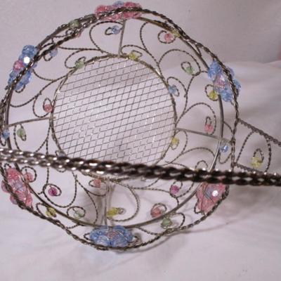 Beaded wire basket, silver tone