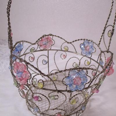 Beaded wire basket, silver tone