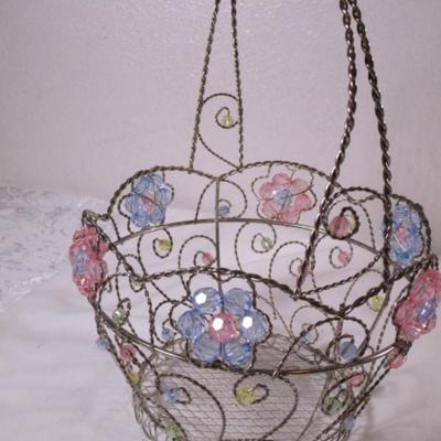 Beaded wire basket, silver tone