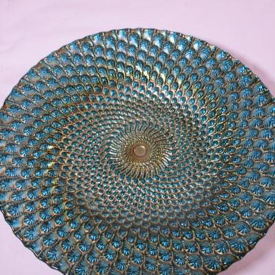 Peacock feathers gold & teal metal plate