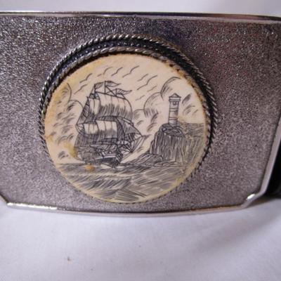 Faux Scrimshaw black leather belt with silver buckle