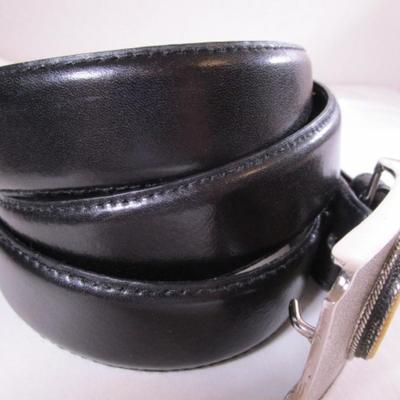 Faux Scrimshaw black leather belt with silver buckle