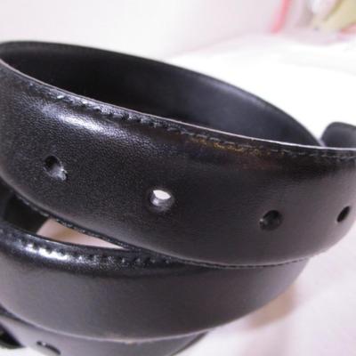 Faux Scrimshaw black leather belt with silver buckle