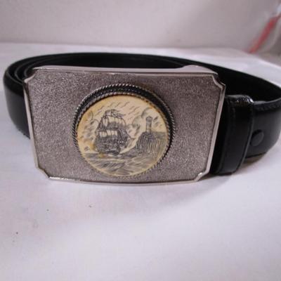 Faux Scrimshaw black leather belt with silver buckle