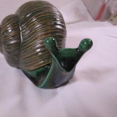 Vintage Anglia Pottery large green snail, glazed ceramic