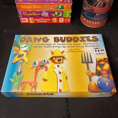 MATCHING GAME, LEWIS AND CLARK PUZZLE AND VEGGIE TALES AND OTHER KIDS SHOWS ON VHS
