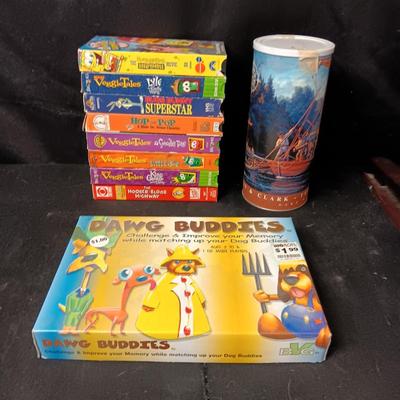 MATCHING GAME, LEWIS AND CLARK PUZZLE AND VEGGIE TALES AND OTHER KIDS SHOWS ON VHS