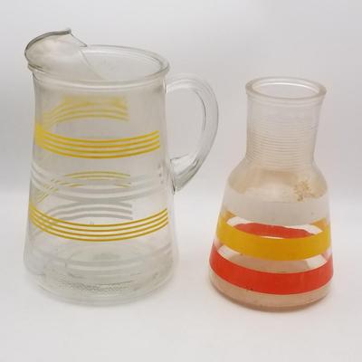 Lot of 2 MCM Vintage Glass Juice Pitchers Decanters: Anchor Hocking Fiesta Striped, Unknown Maker Striped Possibly Hazel Atlas (Yellow...