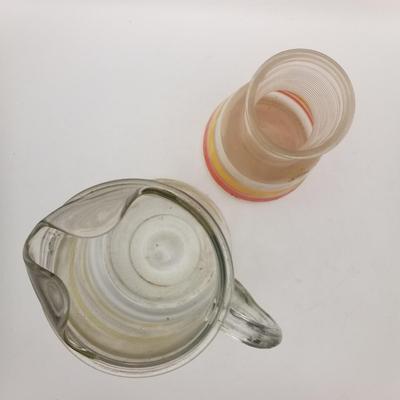 Lot of 2 MCM Vintage Glass Juice Pitchers Decanters: Anchor Hocking Fiesta Striped, Unknown Maker Striped Possibly Hazel Atlas (Yellow...