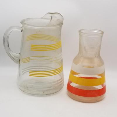 Lot of 2 MCM Vintage Glass Juice Pitchers Decanters: Anchor Hocking Fiesta Striped, Unknown Maker Striped Possibly Hazel Atlas (Yellow...