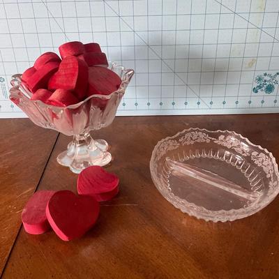 Sale Photo Thumbnail #491: Tulip and divided glass candy dishes and 13 wood hearts